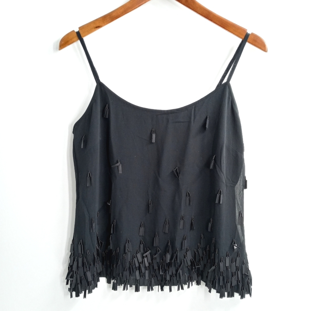 Sue Wong Top Black Silk Sequin‎ Spaghetti Strap Tank